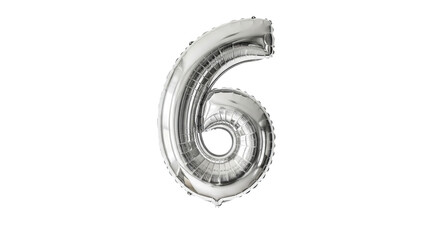 Silver number six balloon floats against a solid isolated background, appearing inflated and reflective.