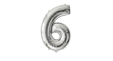 Silver number six balloon floats against a solid isolated background, appearing inflated and reflective.