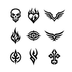 Set of nine unique tribal tattoo designs featuring skulls, wings, and flames