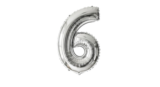 Silver number six balloon floats against a solid isolated background, appearing inflated and reflective.