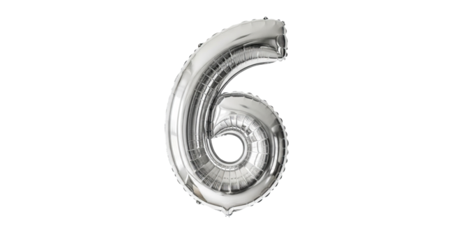 Silver number six balloon floats against a solid isolated background, appearing inflated and reflective.