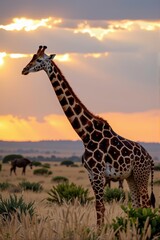 Obraz premium Majestic giraffe gracefully stretching its long neck amidst the vast African savanna landscape at sunset, safari, golden hour, open field