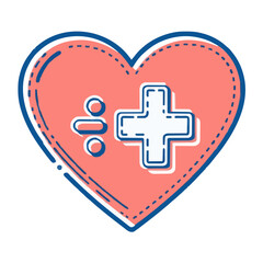 - Heart with plus sign icon, doodle style, pink and blue, health symbol