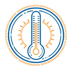 Thermometer icon, circular badge, blue and orange, temperature concept -