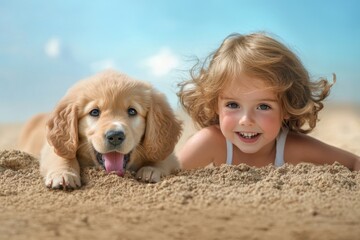 Joyful child and golden retriever puppy playing on sunny beach sand