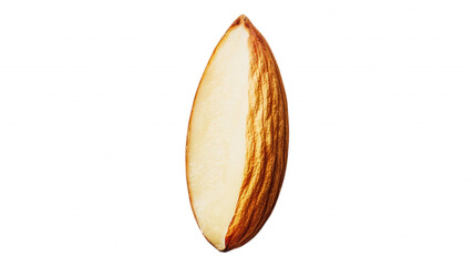 A single almond cut in half on a solid black background