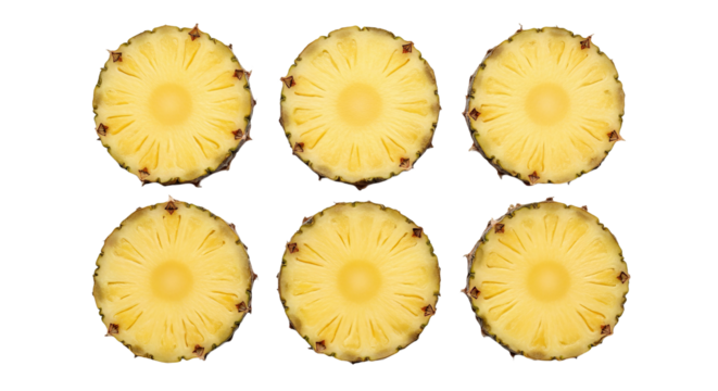 Six pineapple slices display their juicy texture and vibrant color against a isolated background.
