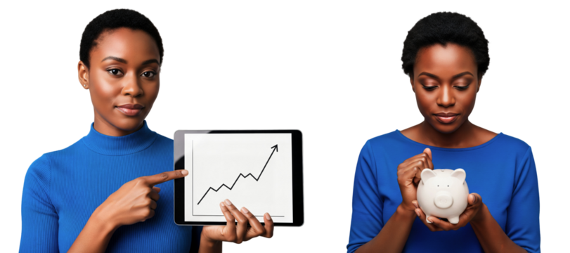 Finance growth and savings concept with woman showing rising chart on tablet and holding piggy bank for investment success — Isolated on transparent background, png