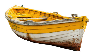 Obraz premium Abandoned yellow fishing boat coastal area still life side view isolated on transparent background