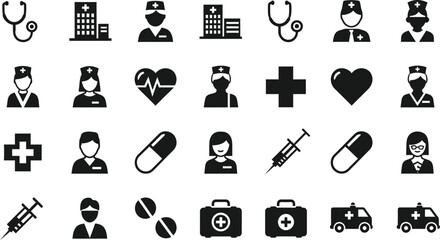 Collection of medical and healthcare icons including hospitals doctors nurses stethoscopes and pills isolated on transparent background