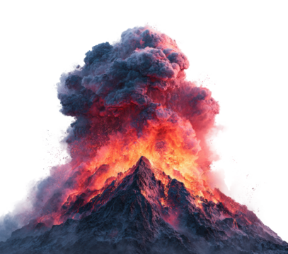 Aerial view of fiery volcanic eruption in mountain landscape isolated on transparent background