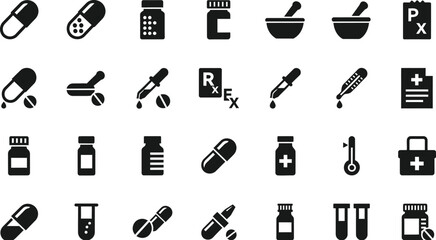 Collection of medical and pharmaceutical icons including pills capsules bottles droppers and medical symbols isolated on transparent background