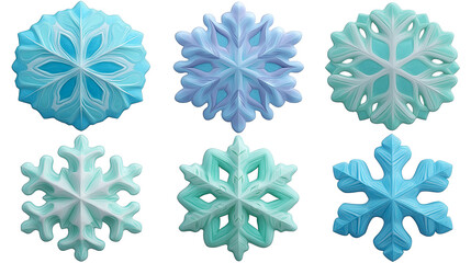 Fototapeta premium Collection of six unique snowflake renders on a white background showcasing intricate designs and textures, perfect for winter-themed projects and designs