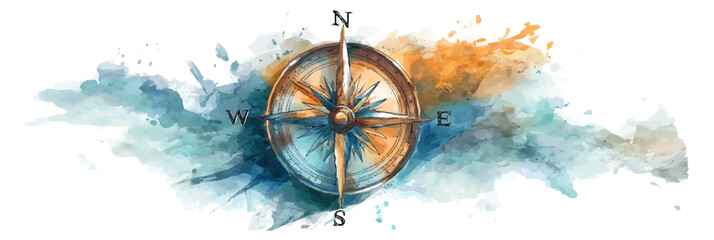 Vintage Compass with Watercolor Splashes in Blue and Orange watercolor illutrastion transparent background
