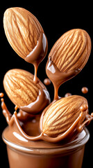 Almonds falling into rich dark chocolate, creating a dynamic splash effect, showcasing the indulgent combination of flavors and textures in a delightful scene