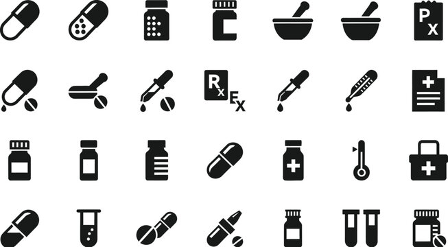 Collection of medical and pharmaceutical icons including pills capsules bottles droppers and medical symbols isolated on transparent background