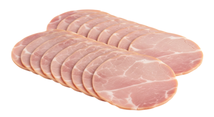 Sliced ham is arranged overlapping each other showing a pink hue and visible fat marbling.