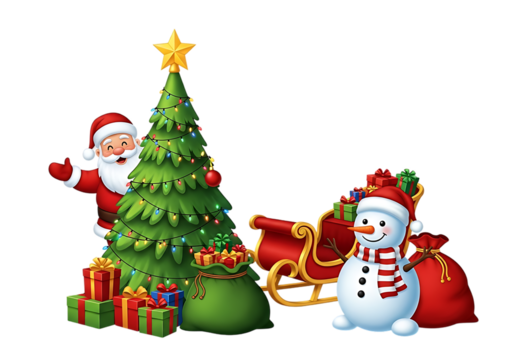 Christmas scene with santa claus decorated tree gifts snowman and sleigh isolated on transparent background