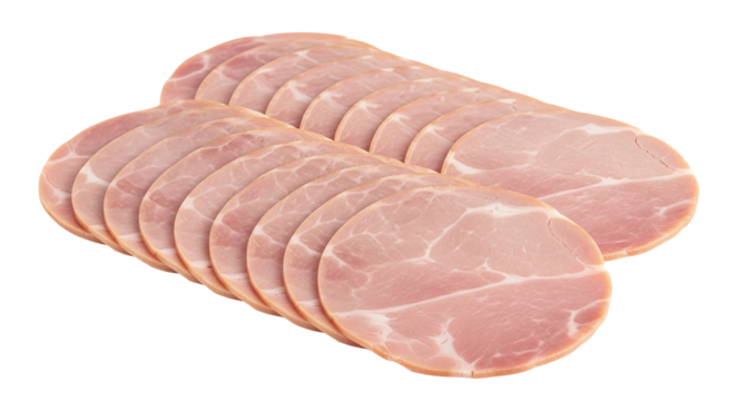 Sliced ham is arranged overlapping each other showing a pink hue and visible fat marbling.