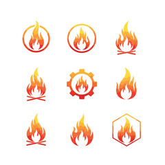 Set of stylized fire flame logo icons and campfire symbols with a warm color gradient.