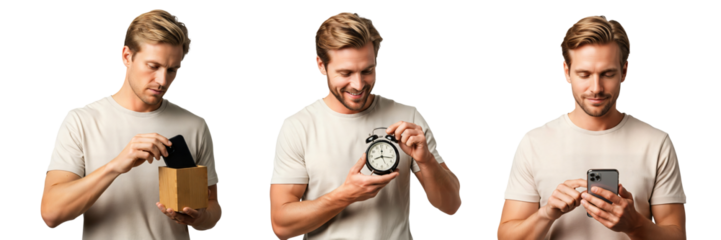 Time management and digital detox series with man storing phone, setting alarm clock, and using smartphone for focus and productivity — Isolated on transparent background, png
