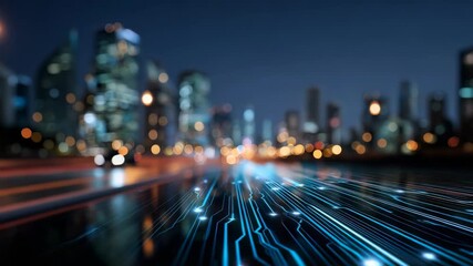 Futuristic cityscape at night with glowing digital circuit lines blending into urban streets, symbolizing smart city technology. Modern innovation and connectivity are highlighted - Powered by Adobe