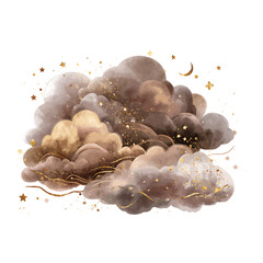 Watercolor Clouds with Gold Stars and Crescent Moon watercolor illutrastion transparent background