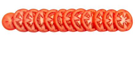 Sliced tomatoes are arranged in a straight line, showing their internal texture and vibrant red color.