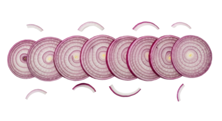 Sliced red onions are arranged in a row, with several smaller arcs placed above and below, against a background.