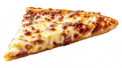 A single slice of pizza with cheese and meat toppings shown