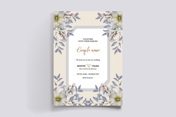 WEDDING INVITATION FRAME WITH FLOWER DECORATIONS AND FRESH LEAVES