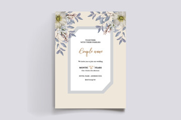 WEDDING INVITATION FRAME WITH FLOWER DECORATIONS AND FRESH LEAVES