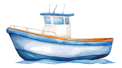 Watercolor Fishing Boat with Blue Hull and White Cabin on White watercolor illutrastion transparent background