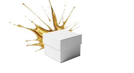 Square box sits against a dynamic golden liquid splash against a background. - high quality Square box sits against a dynamic golden liquid splash aga