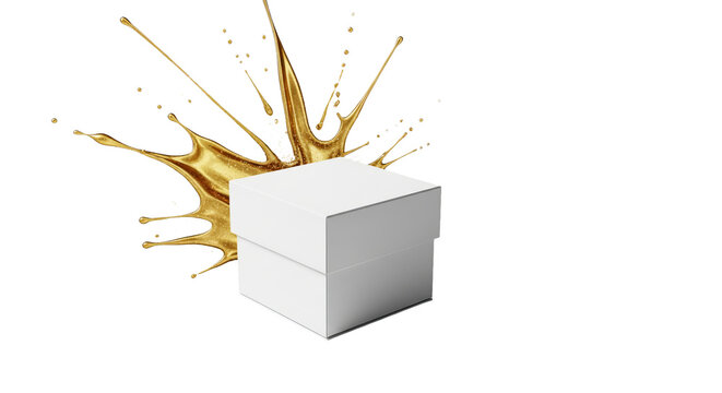 Square box sits against a dynamic golden liquid splash against a background. - high quality Square box sits against a dynamic golden liquid splash aga