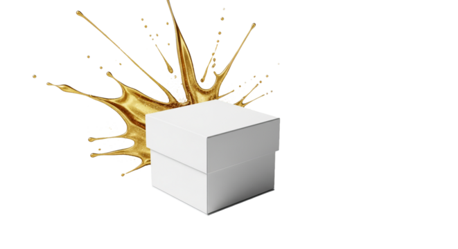 Square box sits against a dynamic golden liquid splash against a background. - high quality Square box sits against a dynamic golden liquid splash aga