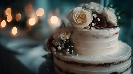 Elegant two tier wedding cake adorned with roses and soft bokeh lights