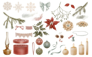 Vintage Christmas watercolor collection with fir branches poinsettia,velvet ornaments and ribbons.Hand drawn illustrations in traditional style for holiday branding, gifts,and festive decor