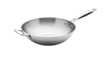 Stainless wok presents itself against a stark background, highlighting its polished interior and handle.