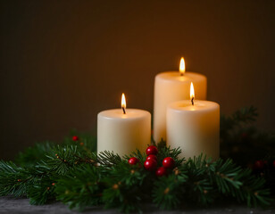 Three warm, glowing ivory pillar candles set within a dark green fir wreath with red berries. Creates a cozy, moody, and traditional Christmas or Advent atmosphere with ample copy space.