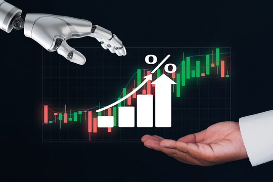 AI in FinTech concept. A robot and a human hand interact with a holographic stock market chart,idea for automated trading,financial data analysis,investment growth driven by artificial intelligence. - Powered by Adobe