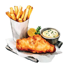 Watercolor Fried Fish with Fries Lemon and Tartar Sauce on watercolor illutrastion transparent background