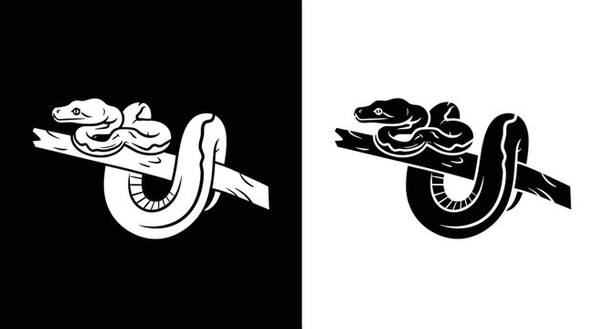 Stylized Snake on Branch Vector Logo Template Bold Monochrome Python Graphic Illustration