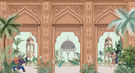 Traditional Mughal Garden Wall Mural Illustration, Mughal Arch, Elephent, Dome Peacock. Mughal Wallpaper. © Sharif