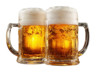 Cheers to friendship beer mugs toasting in a cozy pub atmosphere isolated on transparent background
