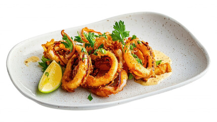 Fried calamari rings with lime and parsley on a white plate