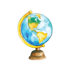 Watercolor illustration of a desk globe showing North and South watercolor illutrastion transparent background