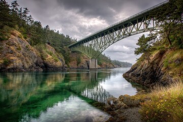 Fototapeta premium Deception Pass: Iconic Bridge Over Serene Waters in Washington State, USA - A Stunning Architectural Marvel Against the Skyline