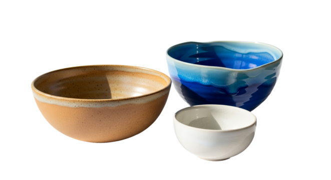 Three ceramic bowls of varying sizes and colors sit together, showcasing a gradient of earthy tones to vibrant blues.