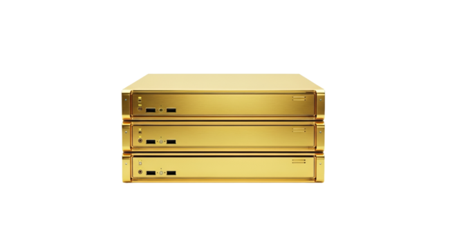 Three stacked gold servers are shown against a stark background. - high quality Three stacked gold servers are shown against a stark background.